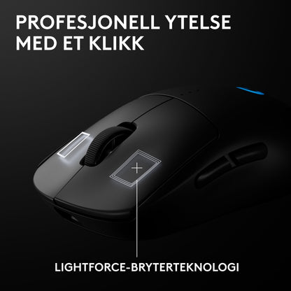 Logitech G Pro 2 trådløs gamingmus, sort, fremhævede knapper, norsk tekst: »Professionel ydeevne med et enkelt klik«.