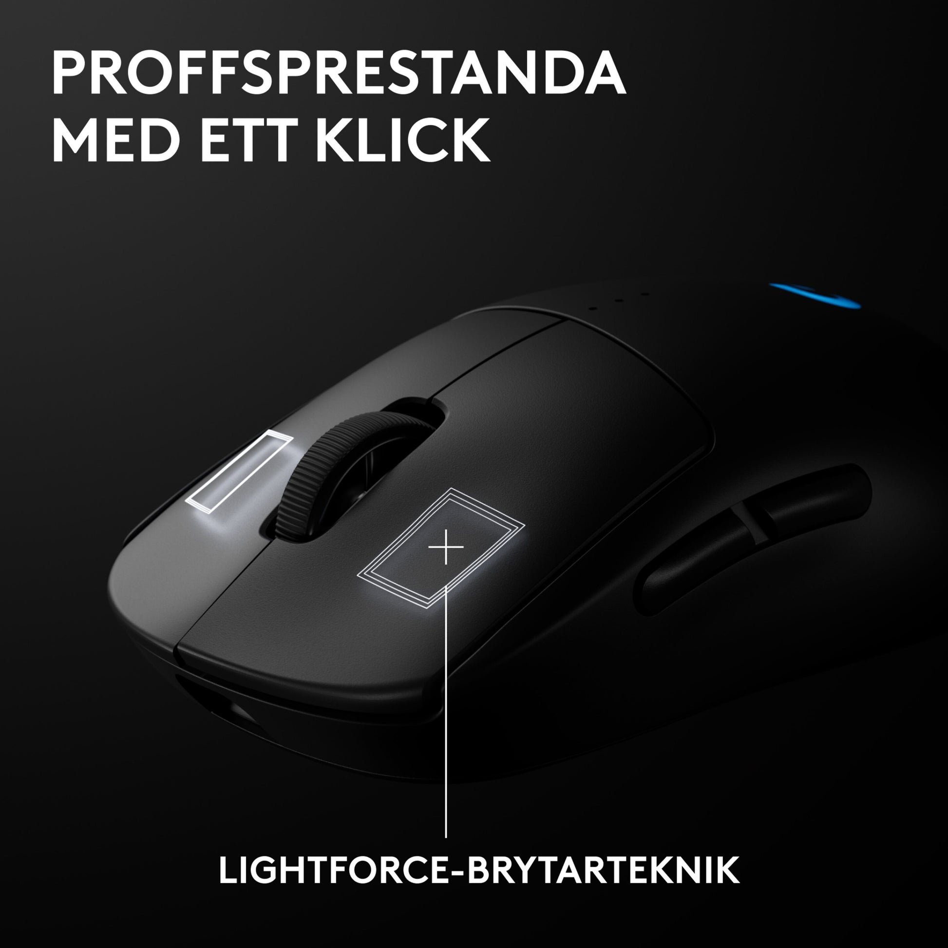Logitech G Pro 2 trådløs gamingmus i sort, med tydelige knapper, svensk tekst og HERO 2-sensor.