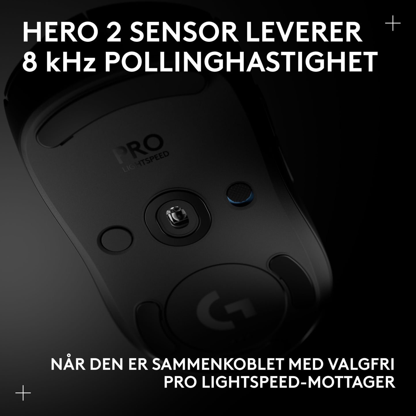 Logitech G Pro 2 trådløs gamingmus med sort underside, HERO 2-sensor, 8 kHz Lightspeed, norsk tekst, PRO LIGHTSPEED-understøttelse.