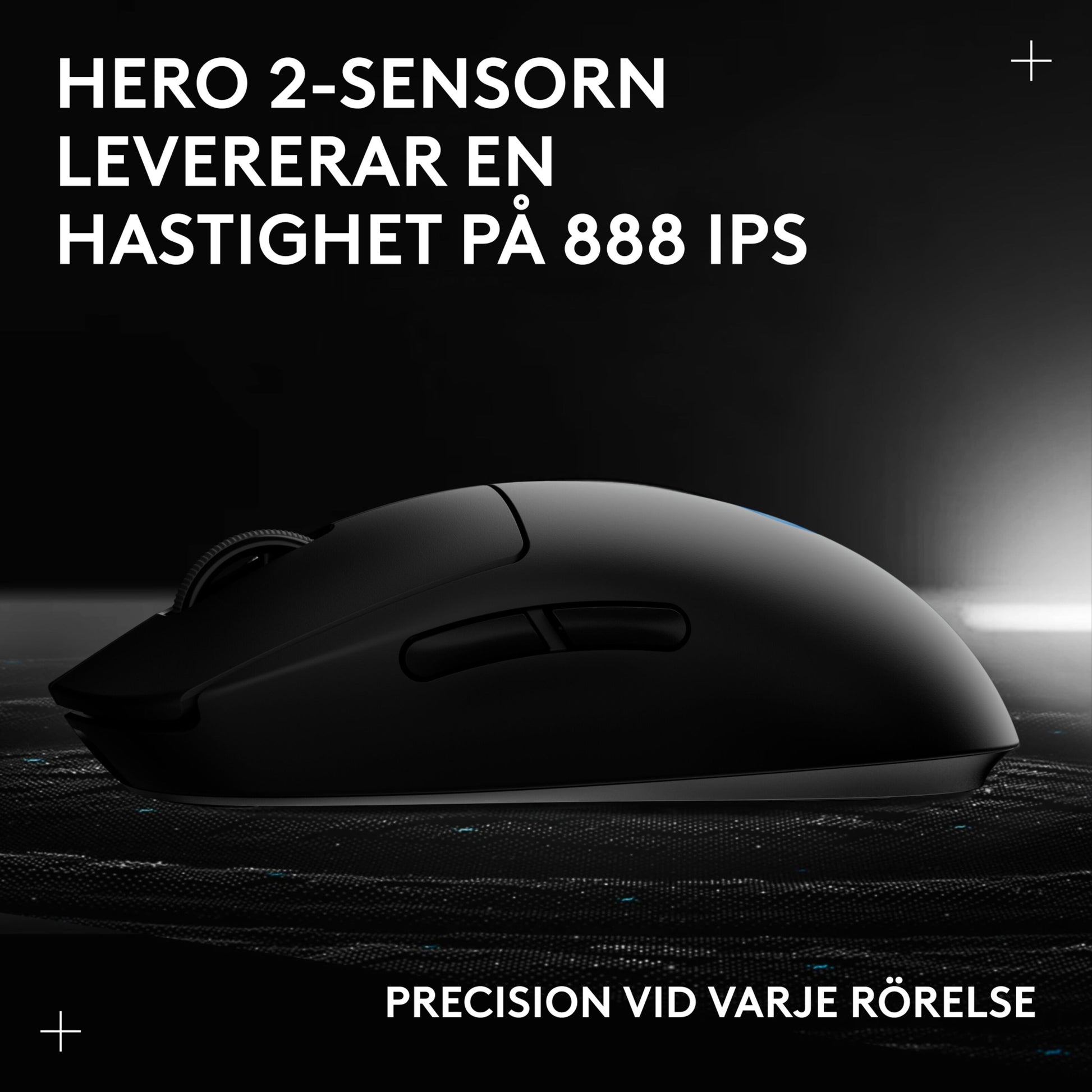 Logitech G Pro 2 trådløs gamingmus, sort, med svensk tekst om HERO 2-sensoren, Lightspeed og en hastighed på 888 IPS.
