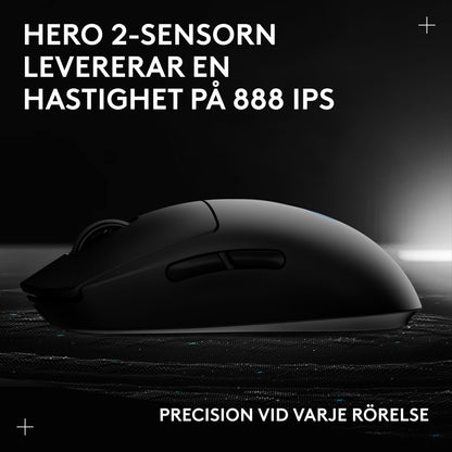 Logitech G Pro 2 trådløs gamingmus, sort, med svensk tekst om HERO 2-sensoren, Lightspeed og en hastighed på 888 IPS.