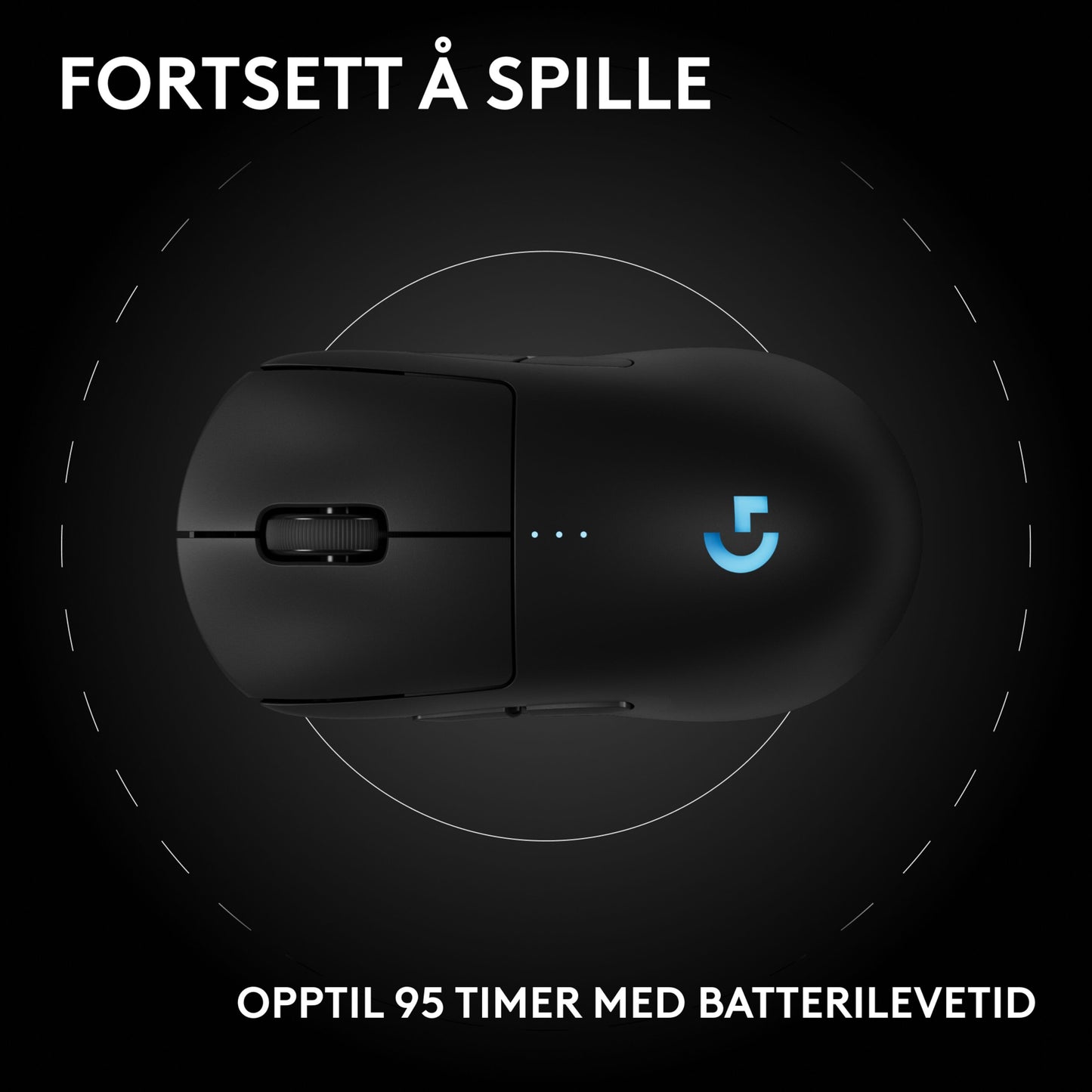 Logitech G Pro 2 trådløs gamingmus, sort, blåt LED-logo, HERO 2-sensor, Lightspeed-teknologi, op til 95 timers batteritid.
