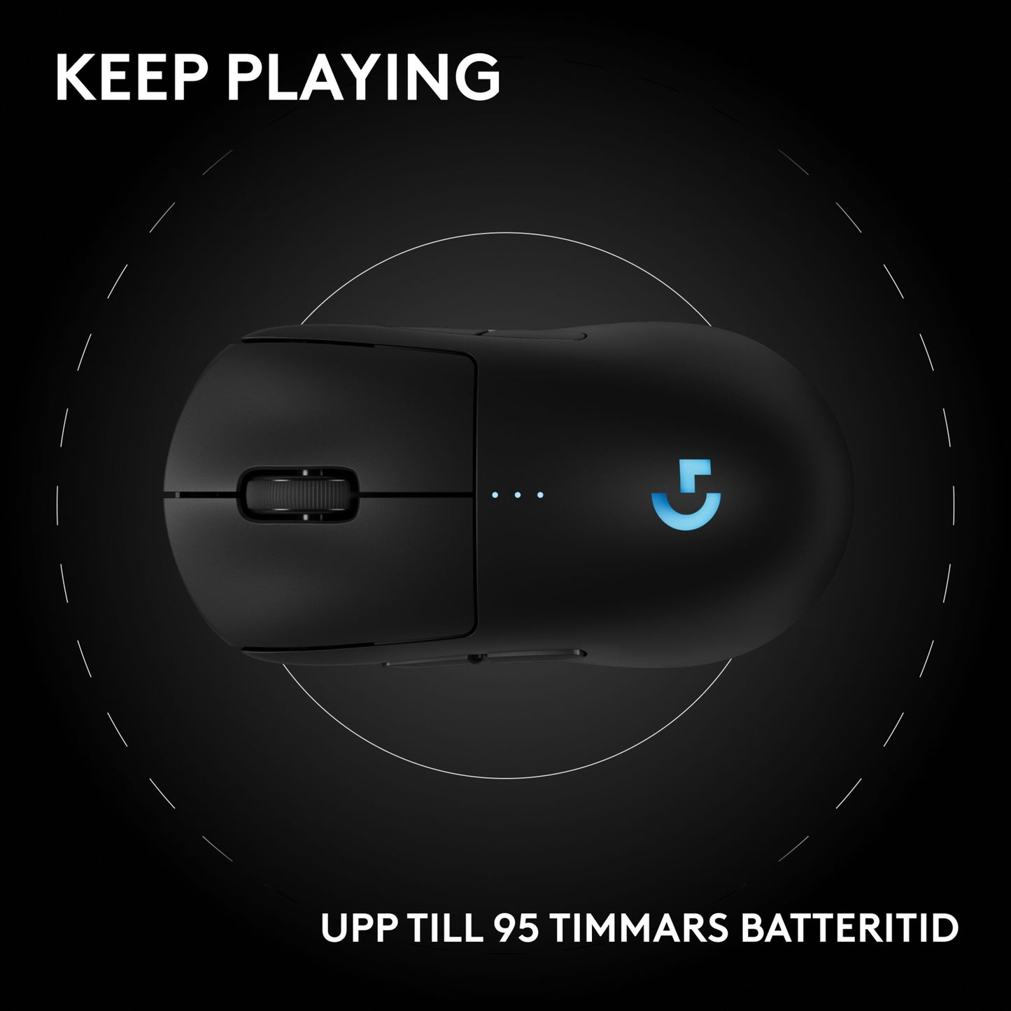 Logitech G Pro 2 trådløs gamingmus, sort, tre LED-lys, HERO 2-sensor, blåt logo, tekst: KEEP PLAYING, OP TIL 95 TIMERS BATTERITID.