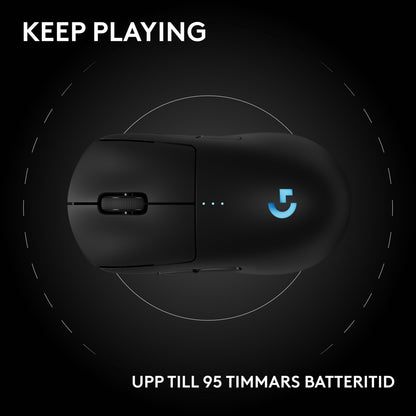 Logitech G Pro 2 trådløs gamingmus, sort, tre LED-lys, HERO 2-sensor, blåt logo, tekst: KEEP PLAYING, OP TIL 95 TIMERS BATTERITID.