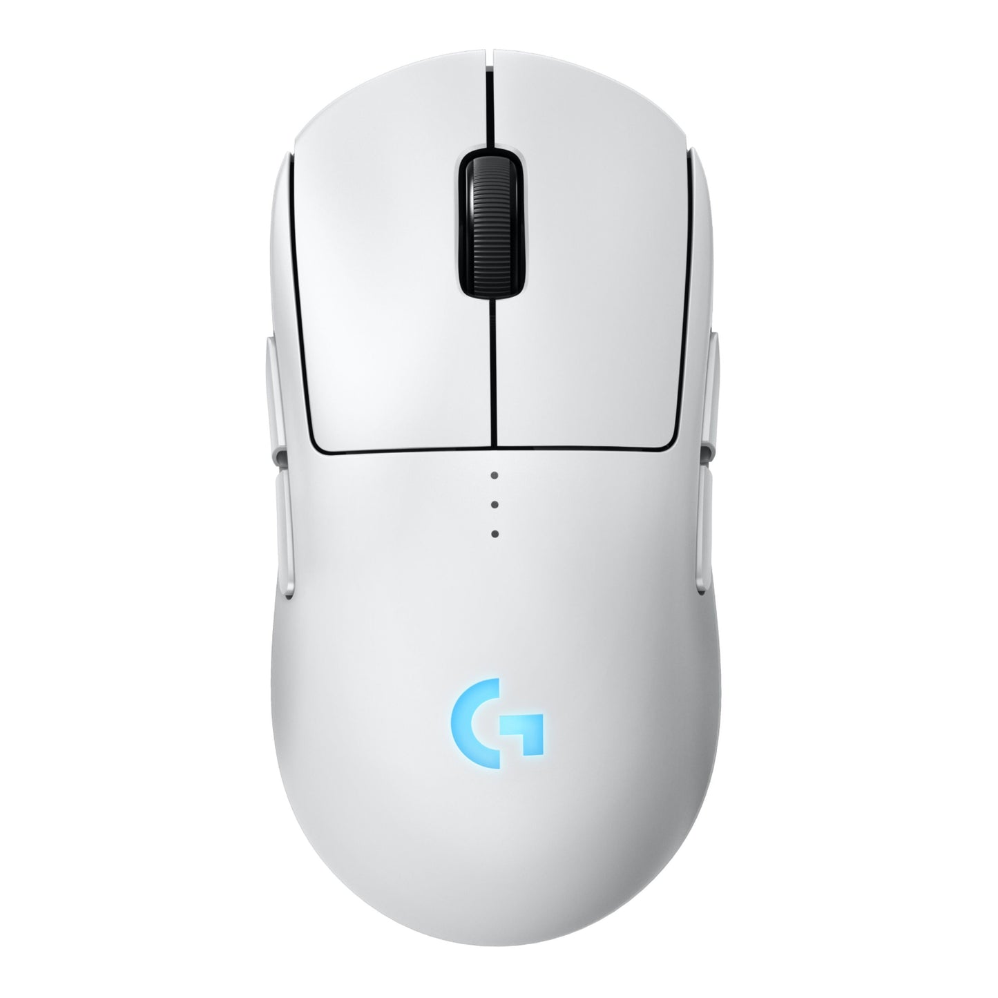 Logitech G Pro 2 trådløs gaming-mus hvid med scrollhjul, to sideknapper, blåt oplyst G-logo og Lightspeed-tilslutning.