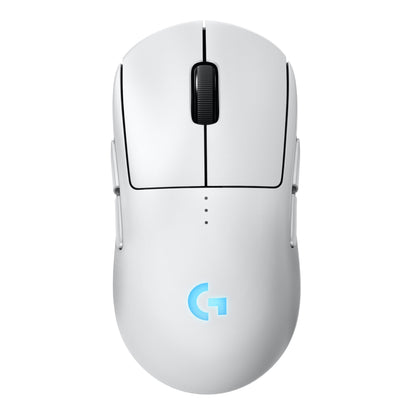 Logitech G Pro 2 trådløs gaming-mus hvid med scrollhjul, to sideknapper, blåt oplyst G-logo og Lightspeed-tilslutning.
