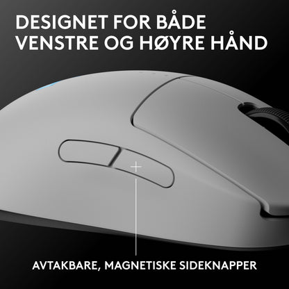 Logitech G Pro 2 hvid trådløs gaming-mus med Lightspeed og udskiftelige magnetiske sideknapper.
