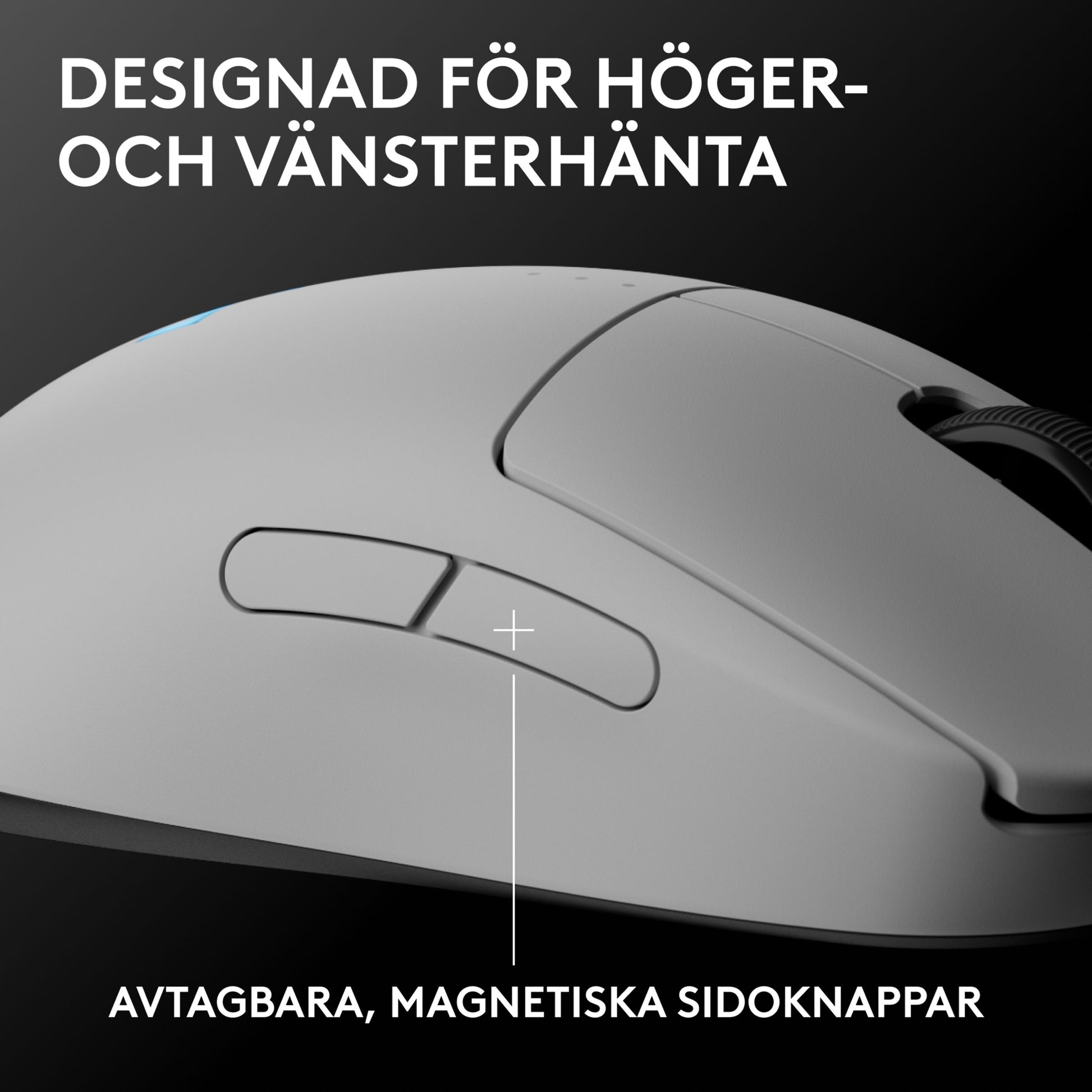 Logitech G Pro 2 trådløs gaming-mus hvid med svensk tekst DESIGNET TIL HØJRE OG VENSTRE HÅND og aftagelige sideknapper.