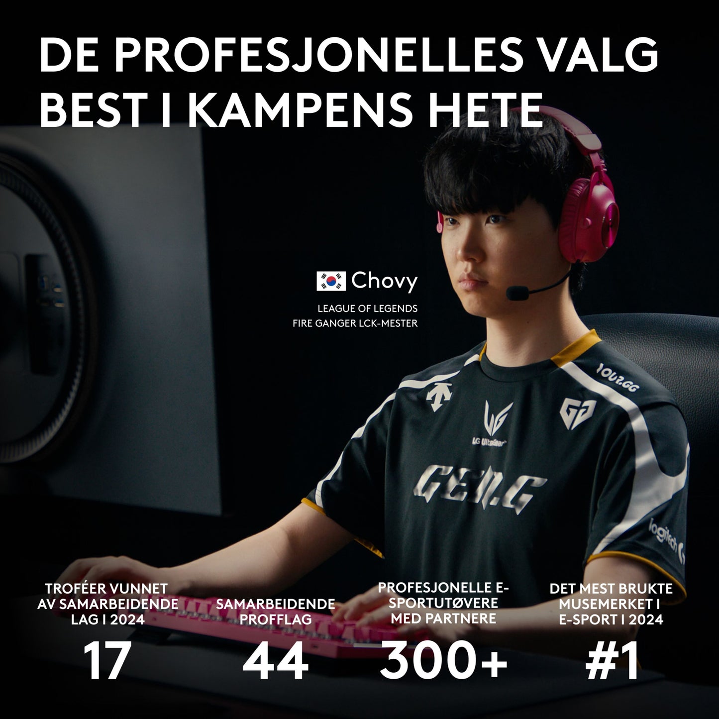 Logitech G Pro 2 trådløs gaming-mus hvid, synlig på gamingbord, med norske statistikker: 17 trofæer og 44 professionelle spillere.