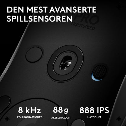 Logitech G Pro 2 trådløs gaming-mus, hvid underside, avanceret sensor, Lightspeed, 8 kHz polling rate, 88g acceleration, 888 IPS.