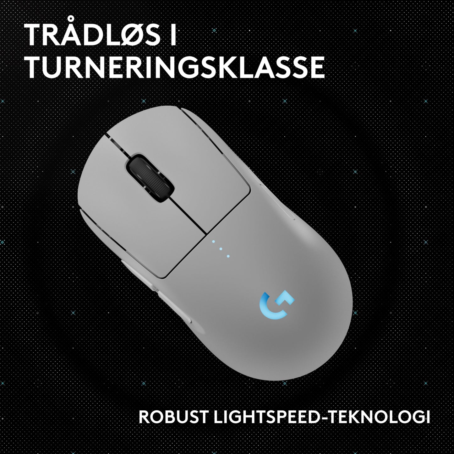 Logitech G Pro 2 hvid trådløs gaming-mus med LIGHTSPEED på sort prikket baggrund, tekst: Trådløs i turneringsklasse.
