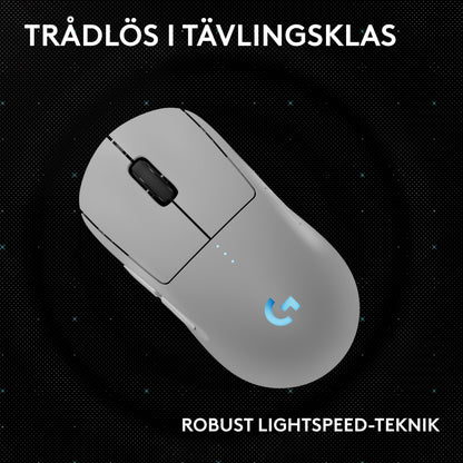 Logitech G Pro 2 hvid trådløs gaming-mus, svensk tekst: "Trådlös i tävlingsklas" og "Robust LIGHTSPEED-teknik.
