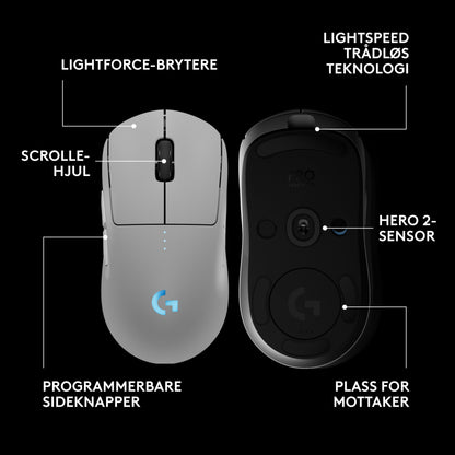 Logitech G Pro 2 trådløs gaming-mus hvid, sæt fra top og bund, LightForce-kontakter, scrollhjul, sideknapper, HERO 2-sensor.