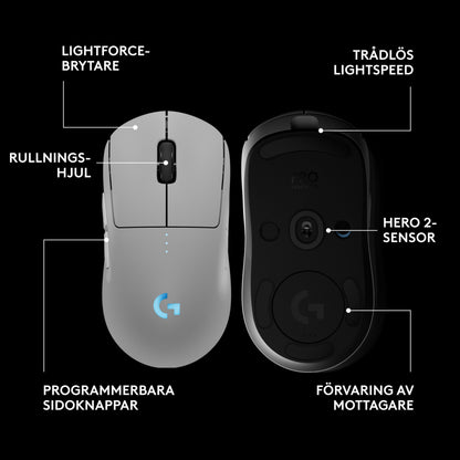 Logitech G Pro 2 trådløs gaming-mus sort set oppefra og nedefra med svenske labels på hjul, knapper, sensor, modtagerplads.