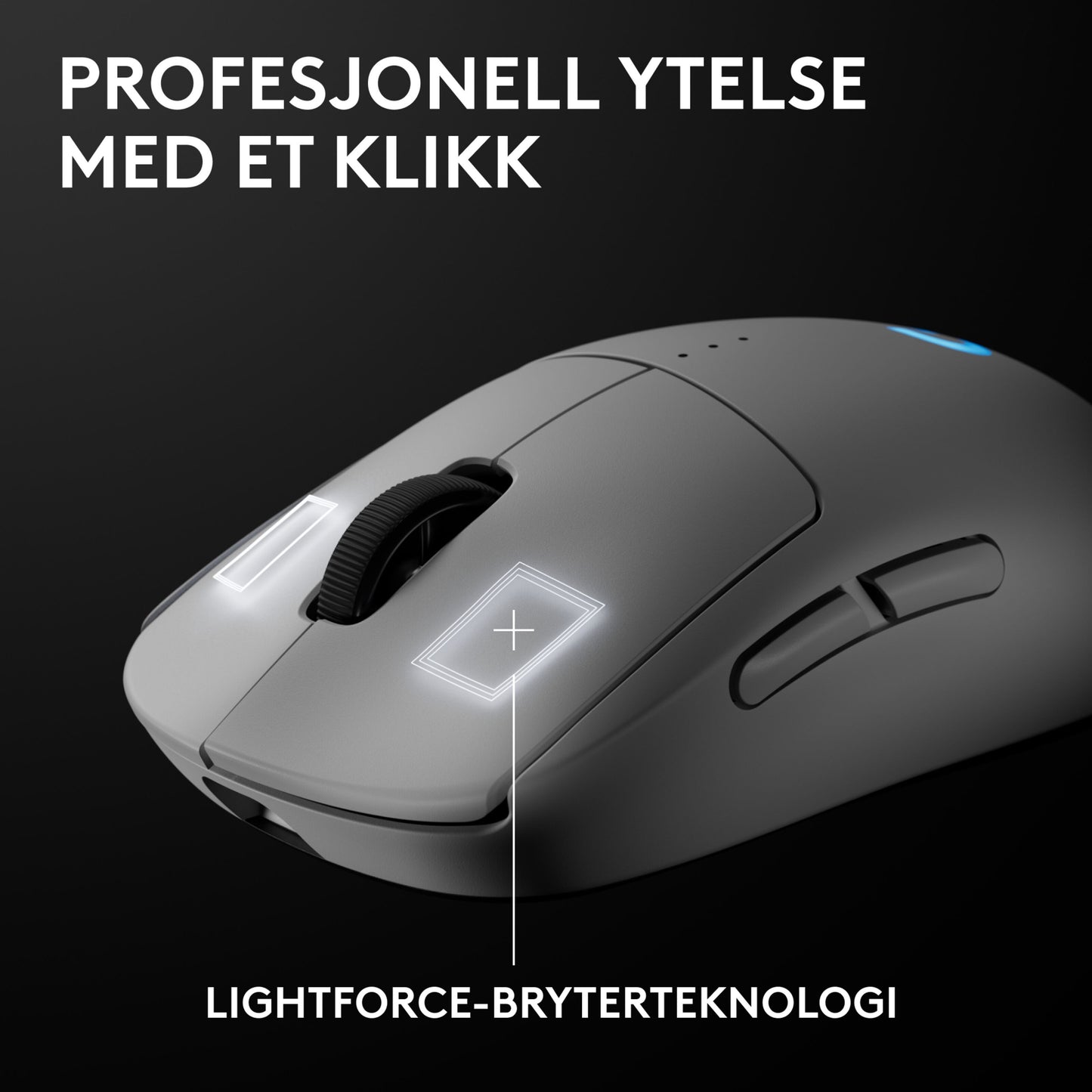 Logitech G Pro 2 trådløs gaming-mus hvid, norsk tekst "Profesjonell ytelse med et klikk", Lightforce-teknologi.