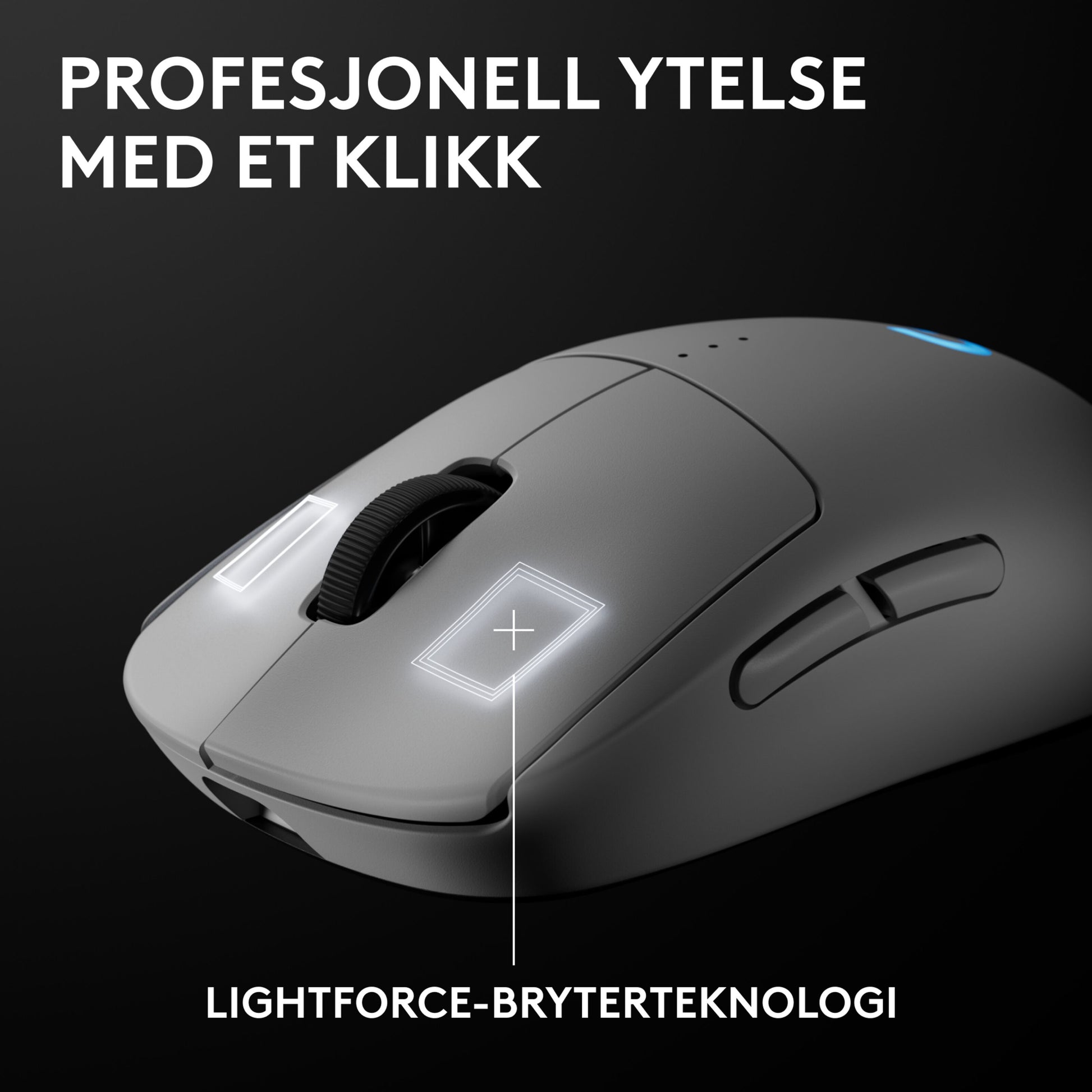 Logitech G Pro 2 trådløs gaming-mus hvid, norsk tekst "Profesjonell ytelse med et klikk", Lightforce-teknologi.