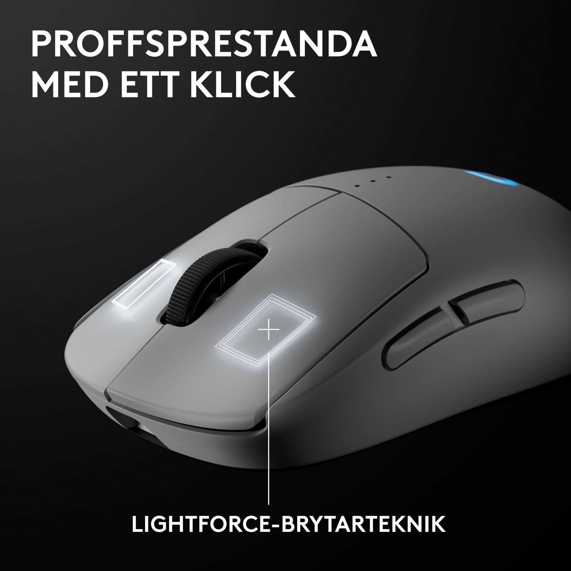 Logitech G Pro 2 trådløs gaming-mus hvid, tydelige knapper, svensk tekst: Proffsprestanda med en klik, Lightforce-brytarteknik.