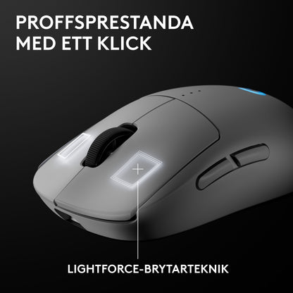 Logitech G Pro 2 trådløs gaming-mus hvid, tydelige knapper, svensk tekst: Proffsprestanda med en klik, Lightforce-brytarteknik.