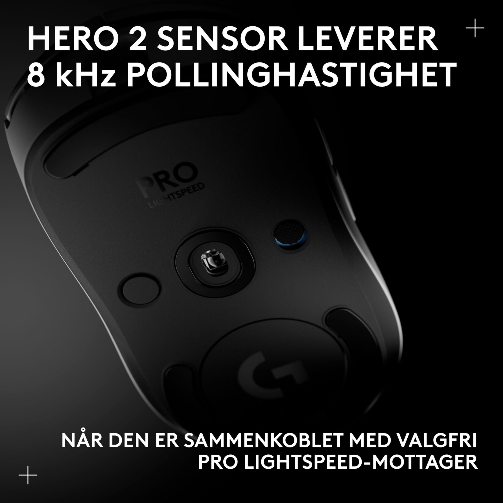Underside af Logitech G Pro 2 trådløs gaming-mus hvid med HERO 2-sensor og 8 kHz polling rate, Lightspeed-forbindelse.