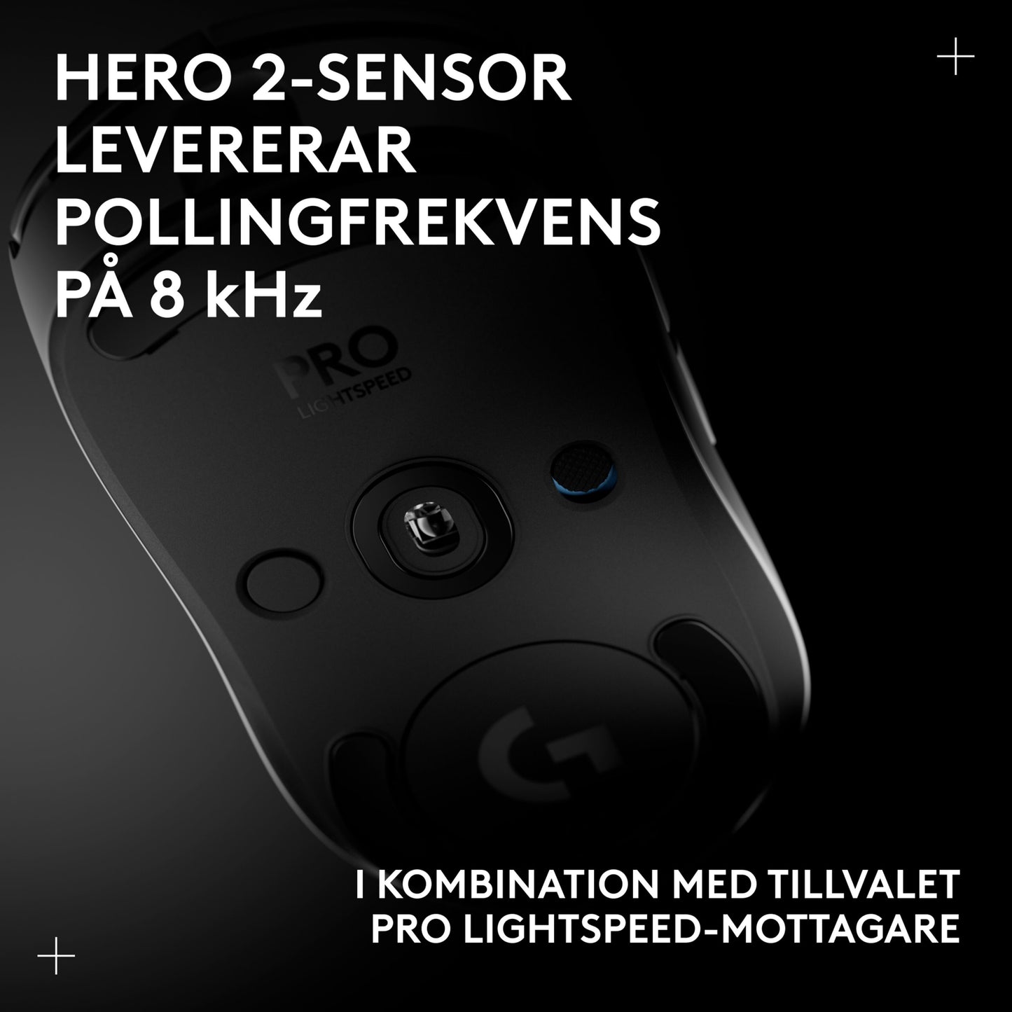 Logitech G Pro 2 Trådløs gaming-mus i hvid, underside med HERO 2-sensor, 8 kHz polling rate, Lightspeed-forbindelse.