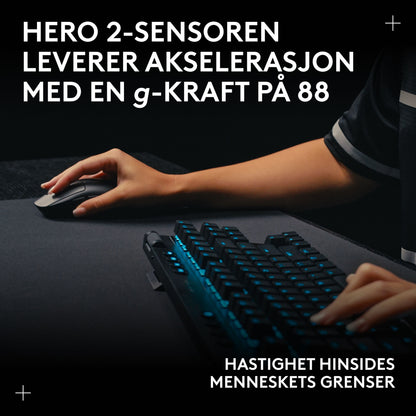 Logitech G Pro 2 trådløs gaming-mus hvid, HERO 2-sensor, 88g acceleration, Lightspeed-tilslutning, norsk tekst.