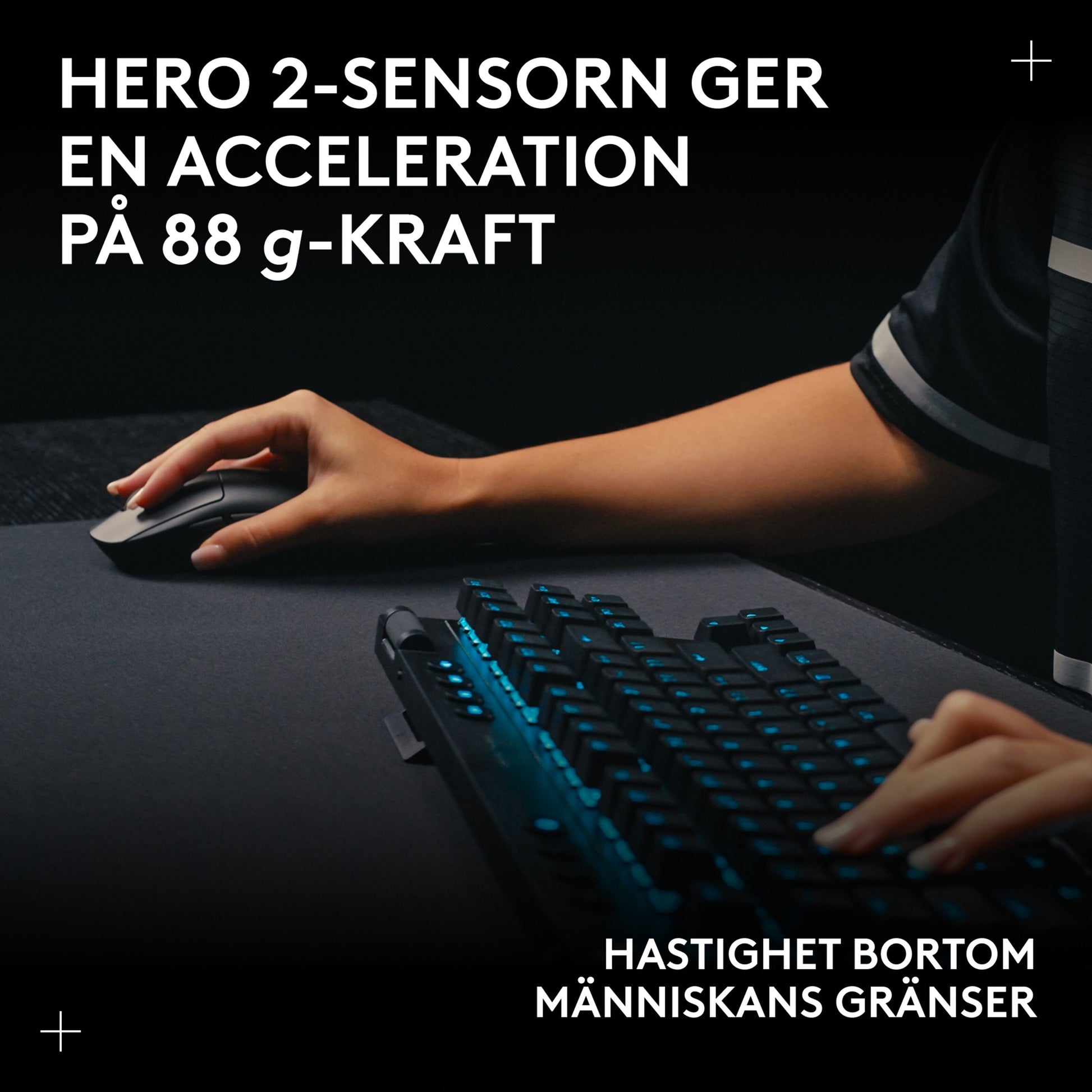 Logitech G Pro 2 Trådløs gaming-mus hvid med HERO 2-sensor, Lightspeed-tilslutning og 88 g acceleration ved tastatur.