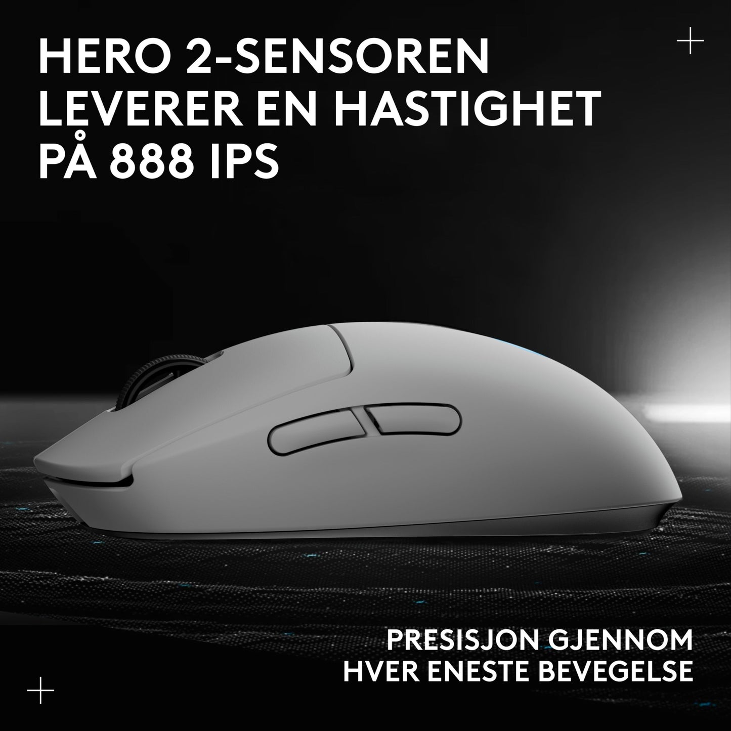 Logitech G Pro 2 trådløs gaming mus hvid med HERO 2 sensor, 888 IPS, norsk tekst om sensoregenskaber.