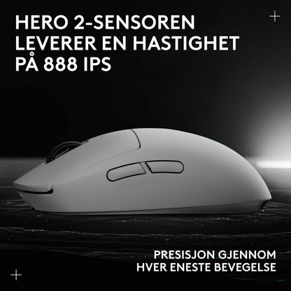 Logitech G Pro 2 trådløs gaming mus hvid med HERO 2 sensor, 888 IPS, norsk tekst om sensoregenskaber.