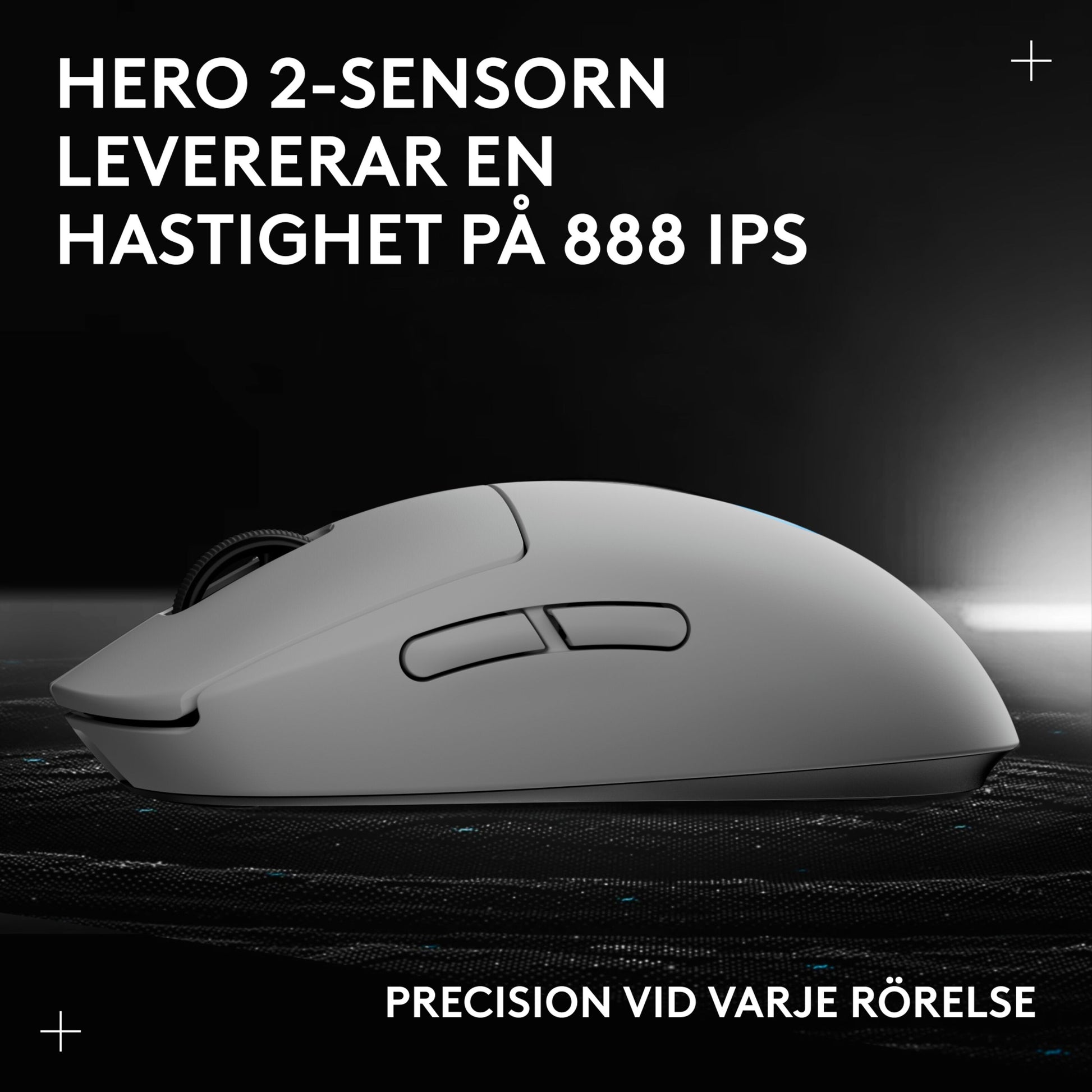Logitech G Pro 2 trådløs gaming-mus hvid set fra siden med HERO 2 sensor og Lightspeed-tilslutning nævnt på svensk.