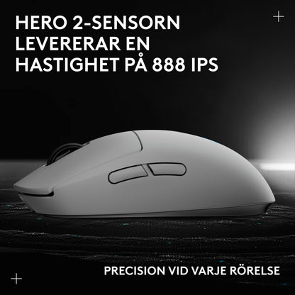 Logitech G Pro 2 trådløs gaming-mus hvid set fra siden med HERO 2 sensor og Lightspeed-tilslutning nævnt på svensk.