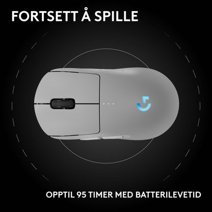 Logitech G Pro 2 hvid trådløs gaming-mus, tekst: FORTSETT Å SPILLE og OPPTIL 95 TIMER MED BATTERILEVETID.