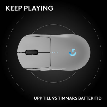 Logitech G Pro 2 trådløs gaming-mus sort, KEEP PLAYING tekst og UPP TILL 95 TIMMARS BATTERITID fremhævet på billedet.