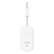 AirFly Pro 2 Bluetooth-sender og -modtager med 3,5 mm jackstik, plus/minus volumeknapper og AirFly-logo på fronten.