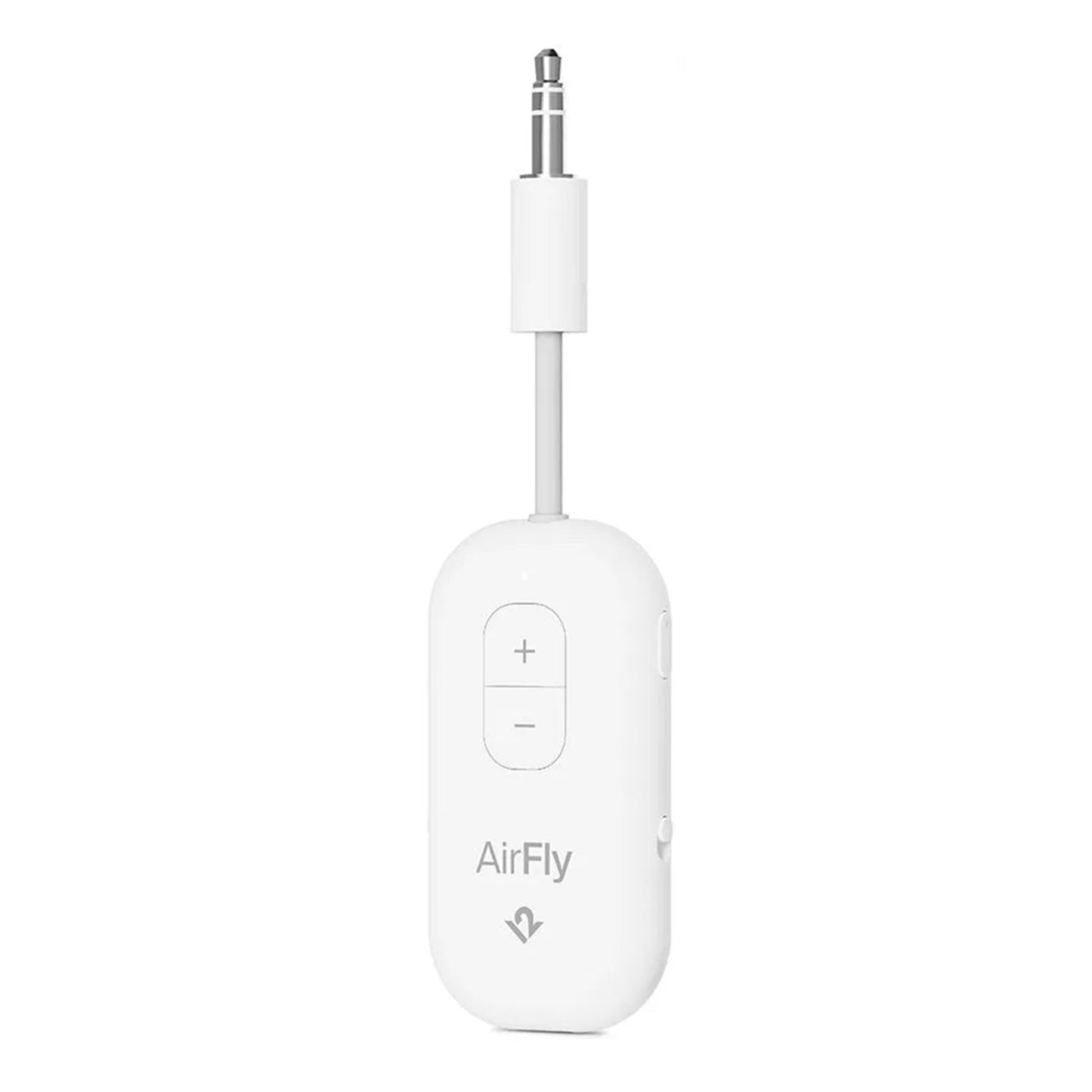 Twelve South AirFly Pro 2 Bluetooth-sender/modtager, trådløs lyd, 3,5 mm jack, kort kabel, to lydstyrkeknapper.