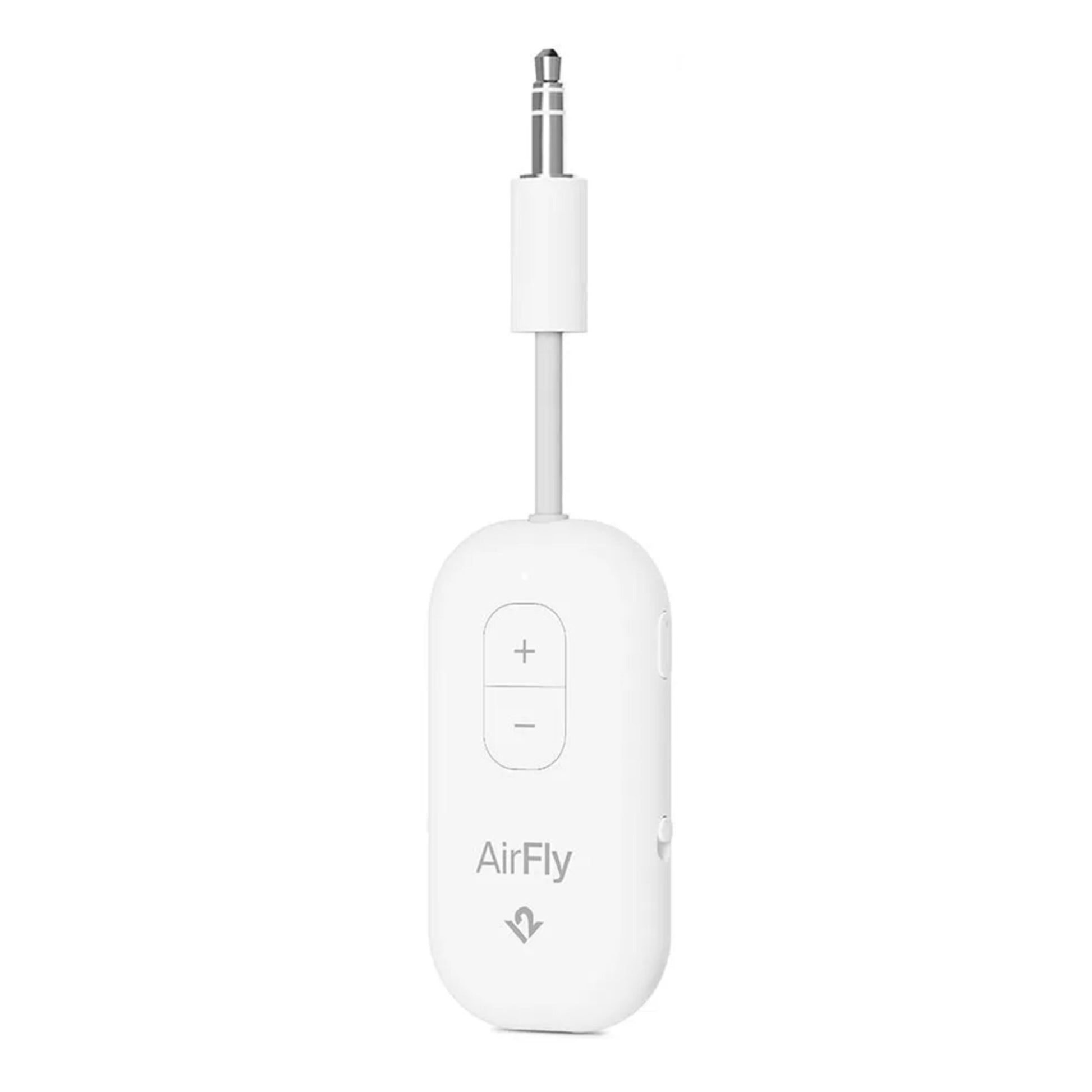Twelve South AirFly Pro 2 Bluetooth-sender/modtager, trådløs lyd, 3,5 mm jack, kort kabel, to lydstyrkeknapper.