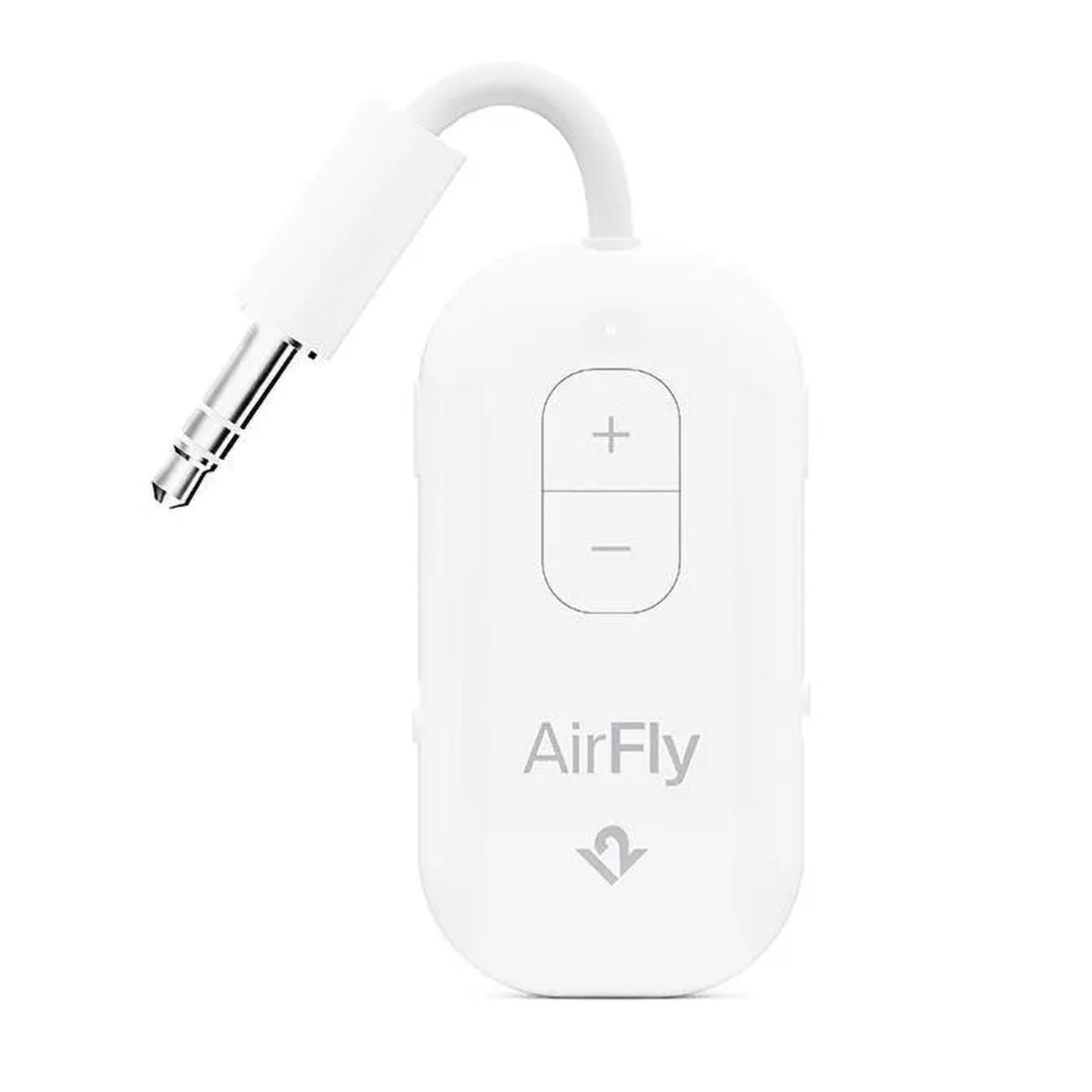 Twelve South AirFly Pro 2 Bluetooth-sender og -modtager med kort 3,5 mm jackstik-kabel, to knapper og AirFly-logo.