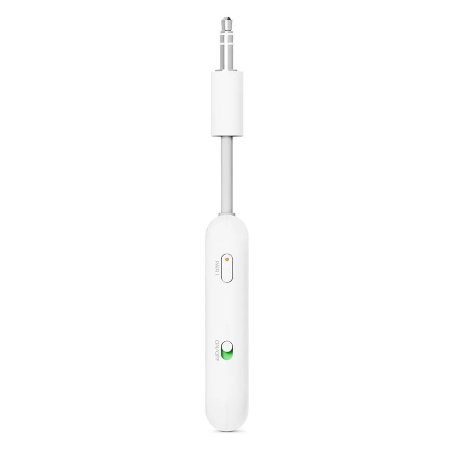 AirFly Pro 2 Bluetooth-sender og -modtager, hvid, med power-knap, indikatorlys og metalstik.