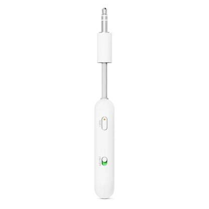 AirFly Pro 2 Bluetooth-sender og -modtager, hvid, med power-knap, indikatorlys og metalstik.
