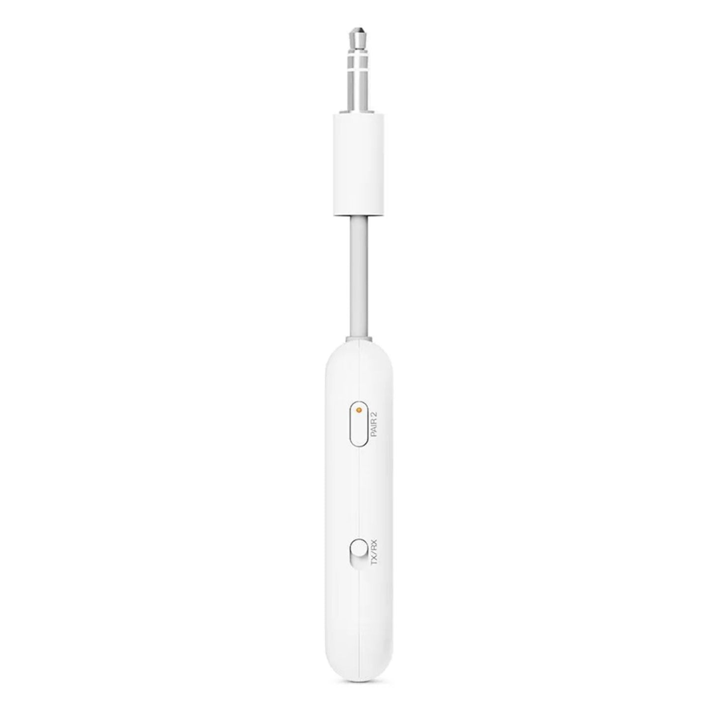 Twelve South AirFly Pro 2 Bluetooth-sender/modtager hvid med 3,5mm hanstik øverst og to runde sideknapper.