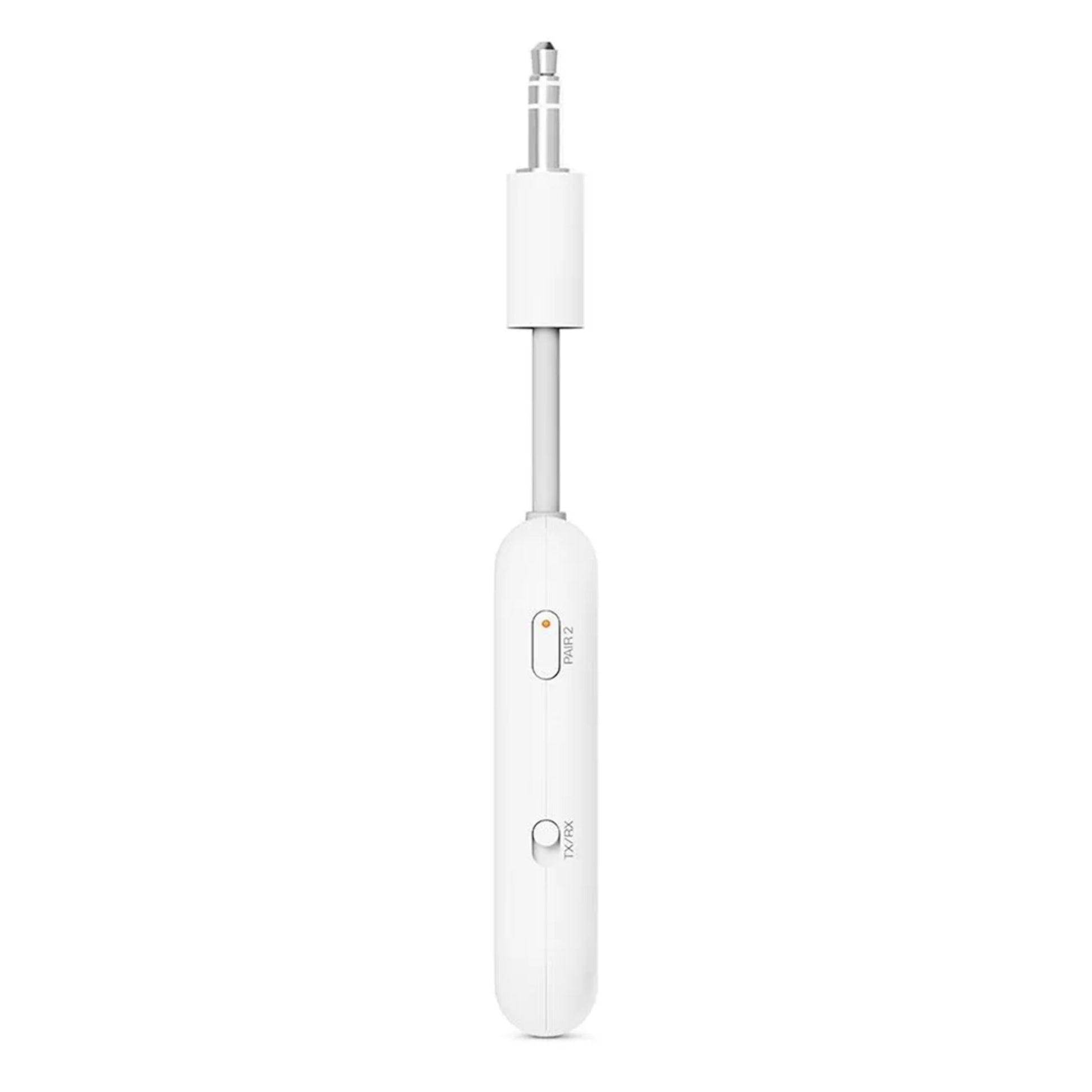 Twelve South AirFly Pro 2 Bluetooth-sender/modtager hvid med 3,5mm hanstik øverst og to runde sideknapper.
