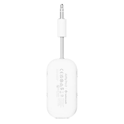 AirFly Pro 2 Bluetooth-sender og -modtager i hvid, 3,5 mm jackstik, certificeringsmærker på bagsiden.