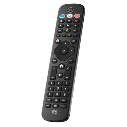 Philips TV fjernbetjening sorterer med knapper til strøm, lyd, kanaler, tal, navigation og smarte funktioner.