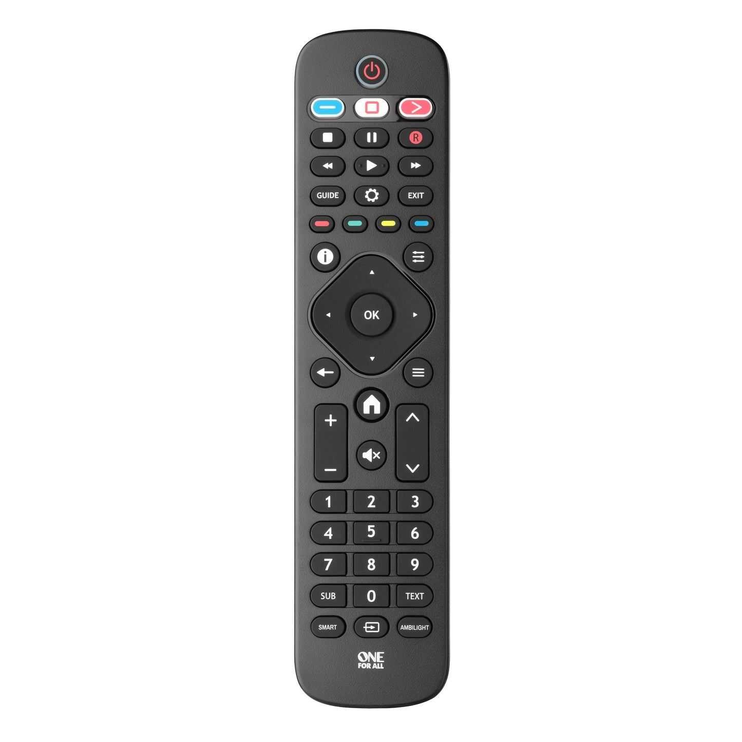 One For All fjernbetjening til Philips TV sort med tænd/sluk-knap, numerisk tastatur, lyd/kanalstyring, ONE FOR ALL logo.