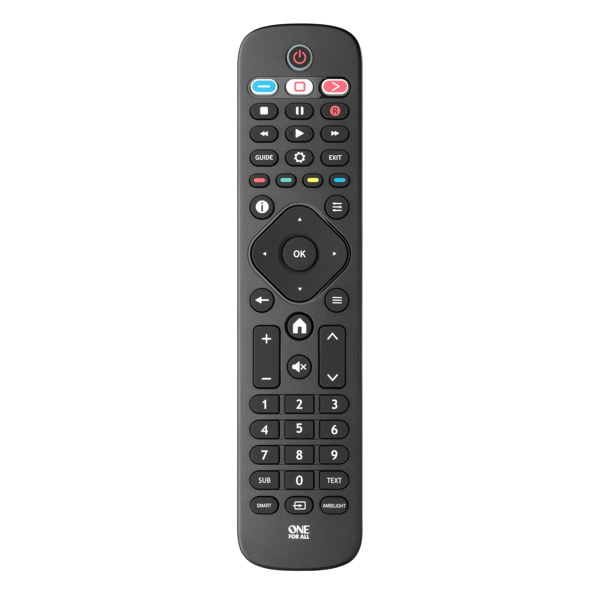 One For All fjernbetjening til Philips TV sort med tænd/sluk-knap, numerisk tastatur, lyd/kanalstyring, ONE FOR ALL logo.