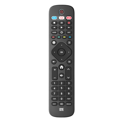 One For All fjernbetjening til Philips TV sort med tænd/sluk-knap, numerisk tastatur, lyd/kanalstyring, ONE FOR ALL logo.
