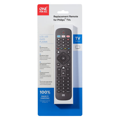 One For All fjernbetjening til Philips TV, kompatibel med LCD, LED, OLED, plasma, blå og hvid emballage, mærkede knapper.