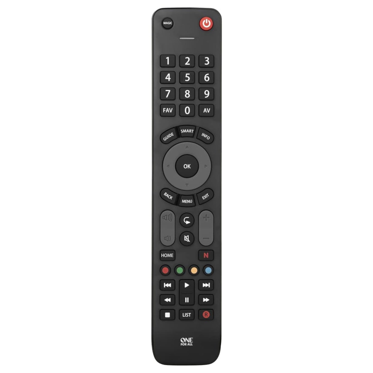 ONE FOR ALL Multi TV fjernbetjening sort med tænd/sluk knap, numerisk tastatur, navigation og medieknapper, logo nederst.