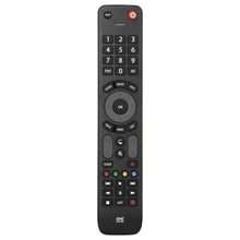 ONE FOR ALL Multi TV fjernbetjening sort med tænd/sluk knap, numerisk tastatur, navigation og medieknapper, logo nederst.
