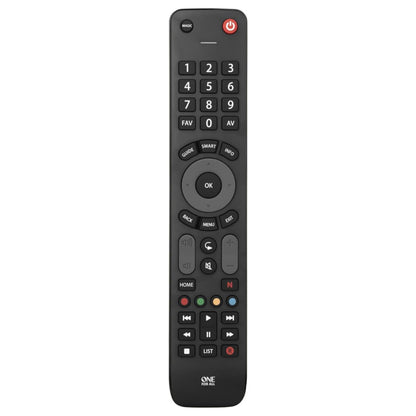 ONE FOR ALL Multi TV fjernbetjening sort med tænd/sluk knap, numerisk tastatur, navigation og medieknapper, logo nederst.