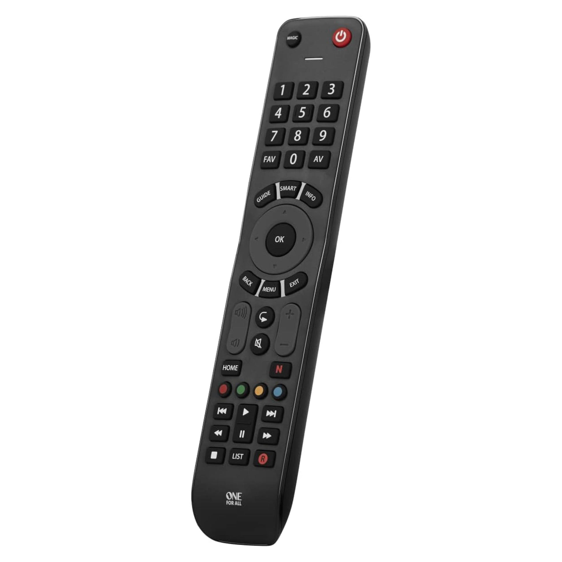One For All Multi TV fjernbetjening sort, universal med numerisk tastatur, navigationsknapper og funktionsknapper.